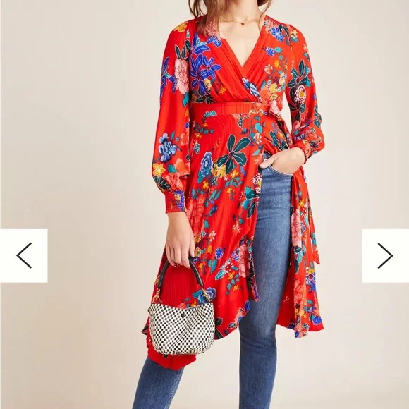 Anthropologie Red Floral Faux-Wrap Dress - Picture 2 of 9